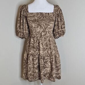 House of Harlow Square Neck Puff Sleeve Mini Dress in Brown Swirl Print